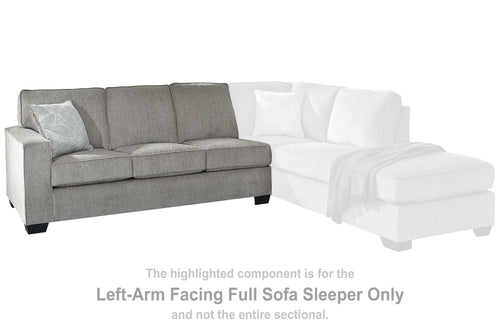 Left-arm facing full sofa sleeper sectional in gray and white upholstery with chaise