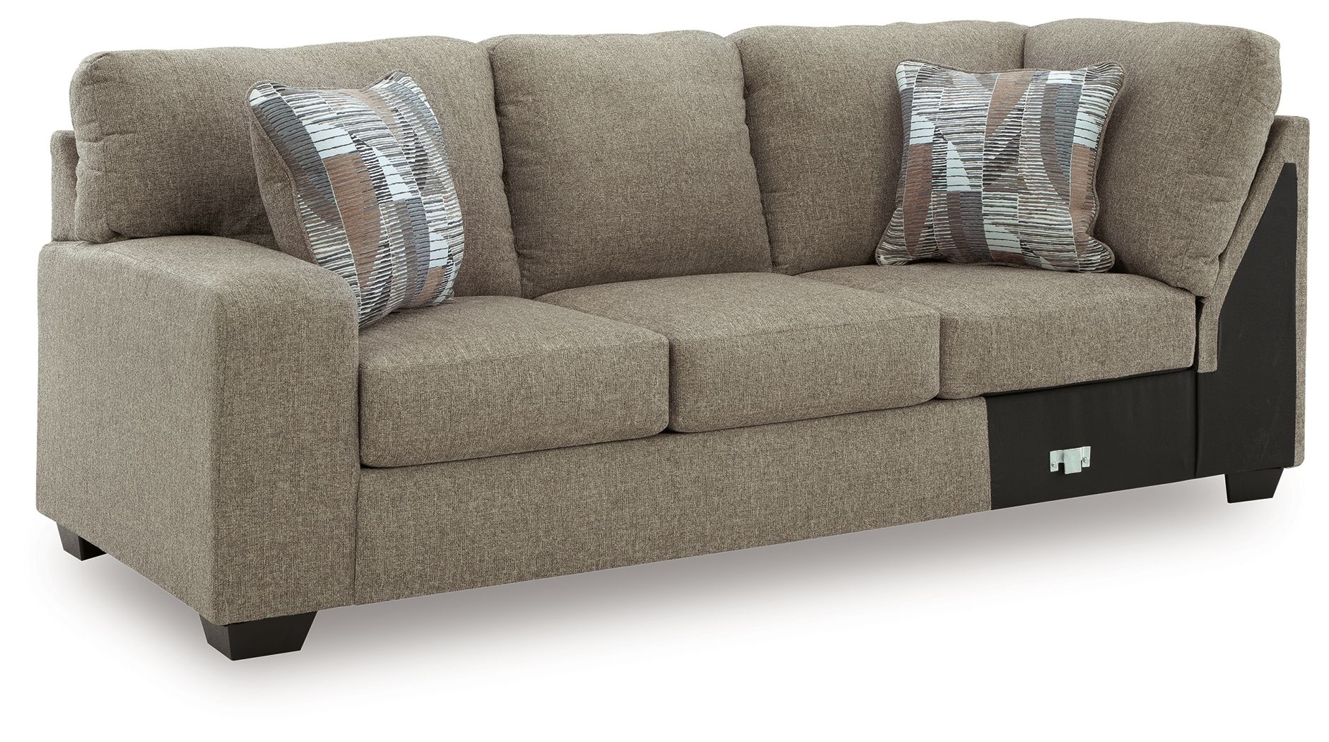 Newellen LAF sofa with corner wedge, beige fabric, three-seat design and throw pillows
