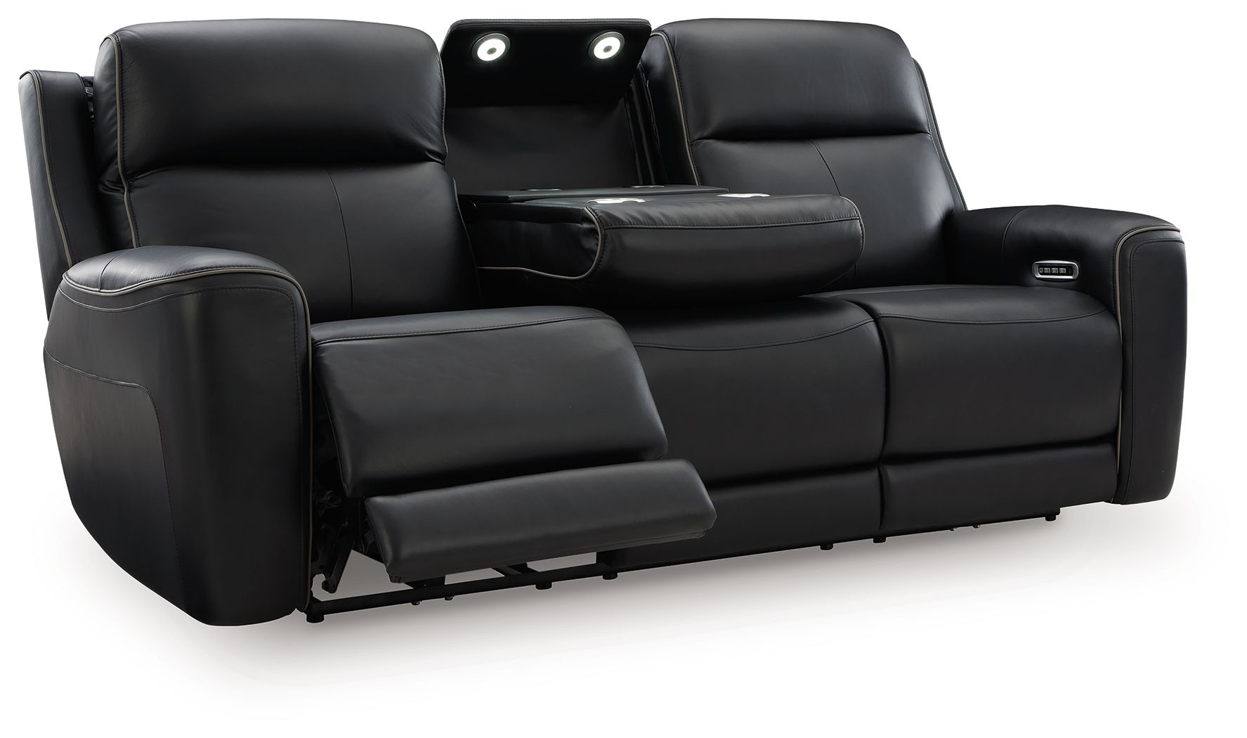 Power reclining sofa with adjustable headrests, black upholstery, reclined seat section shown