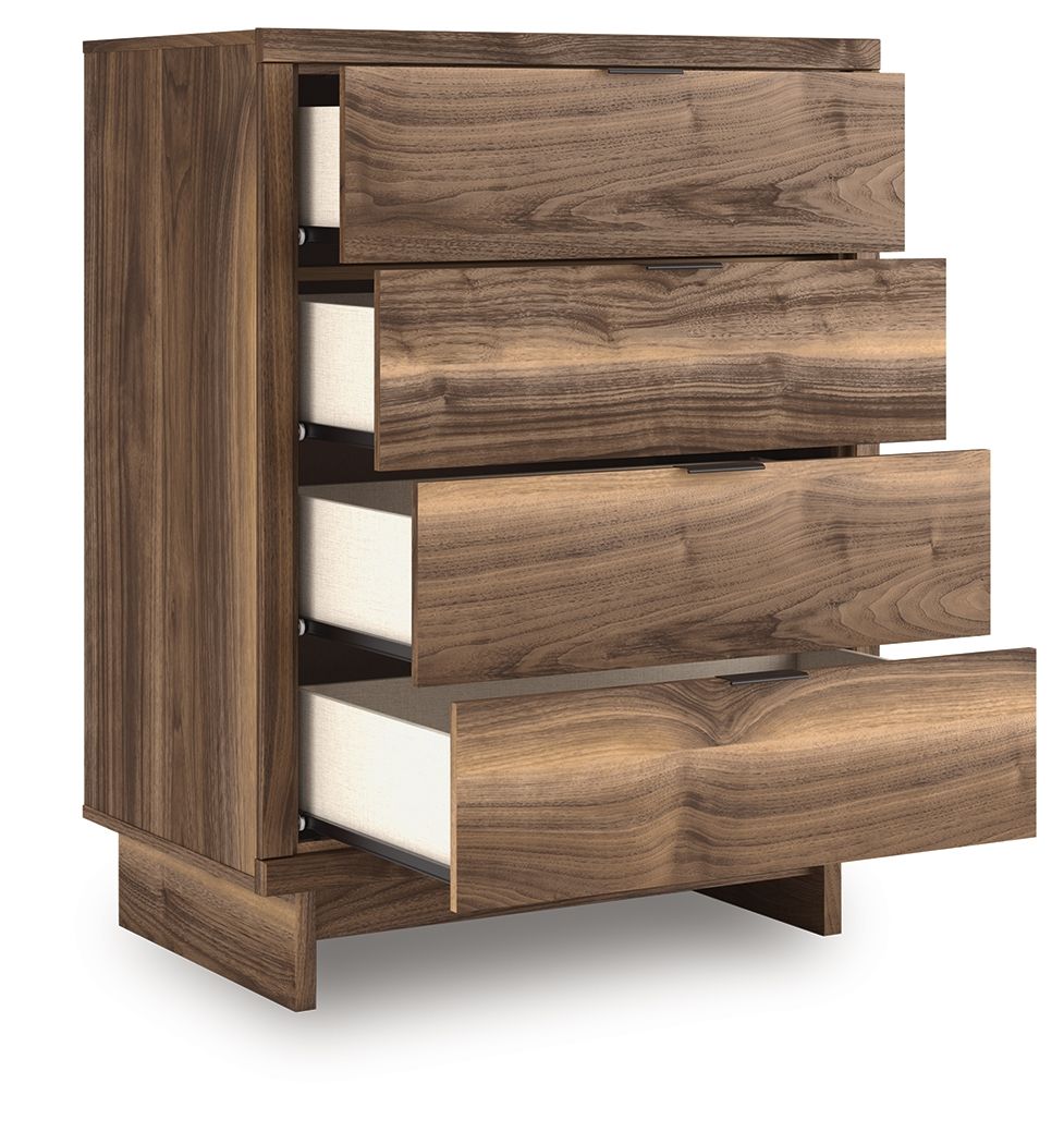 Brown four-drawer chest with drawers pulled out, showing drawer interiors