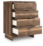 Brown four-drawer chest with drawers pulled out, showing drawer interiors