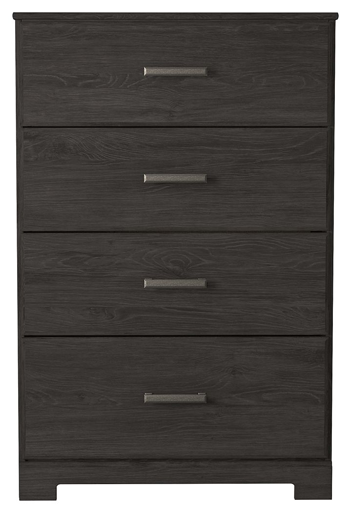 Charcoal four-drawer chest with woodgrain front and silver bar drawer pulls