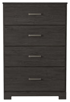Charcoal four-drawer chest with woodgrain front and silver bar drawer pulls