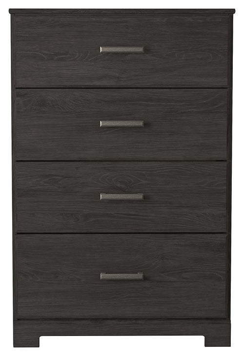 Charcoal four-drawer chest with woodgrain front and silver bar drawer pulls