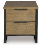Light brown wood table with two front drawers and black metal legs, bar pulls