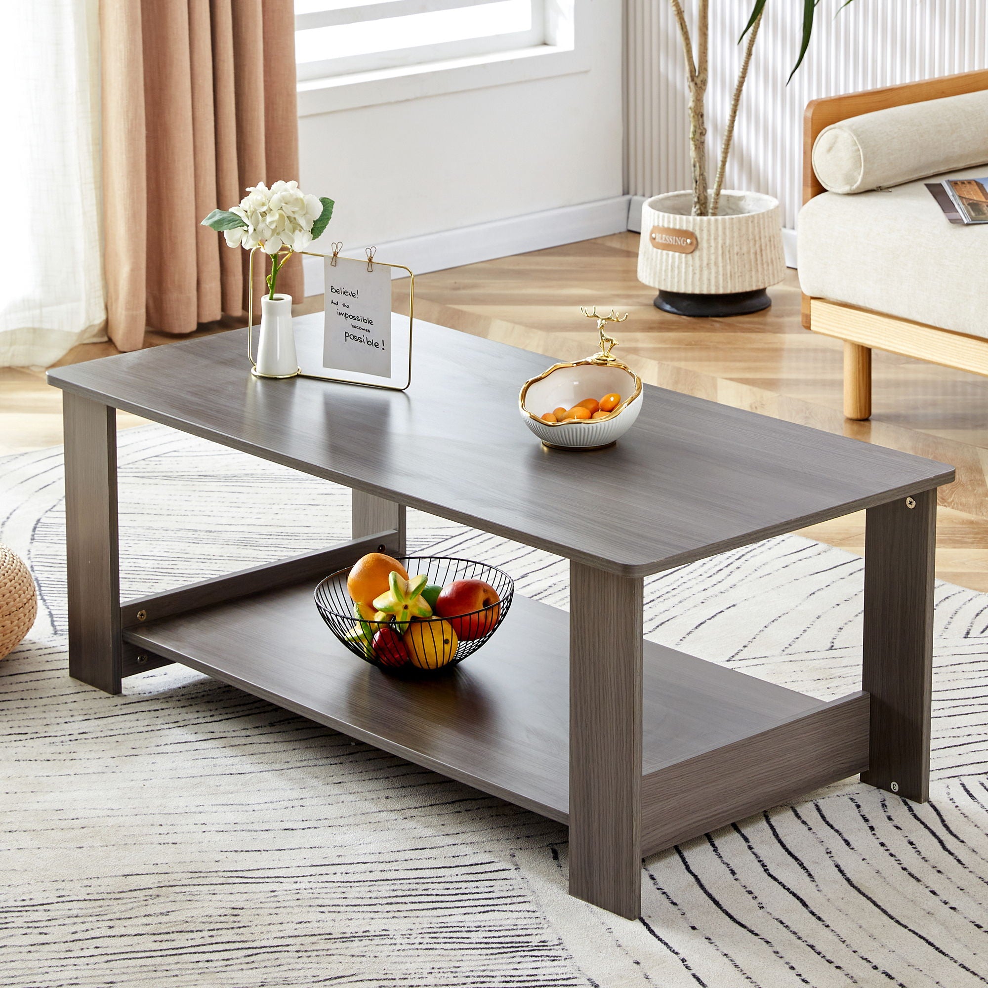 A Modern And Practical Gray Textured Coffee Table, Tea Table.Double Layered Coffee Table Made Of MDF Material, Suitable For Living Room, Bedroom And Study Room