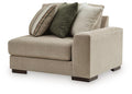 Linenhause RAF corner chair in light beige fabric with dark legs and four throw pillows