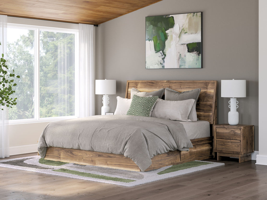 Dark brown wood panel bed with storage drawers in a modern bedroom, white bedding