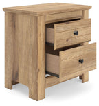 Light brown two-drawer night stand with drawers open and black round knob pulls