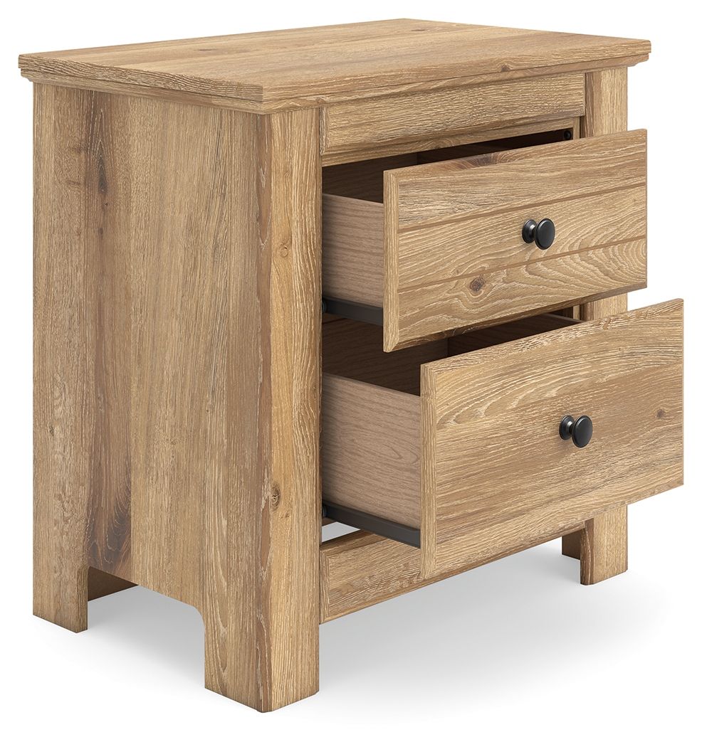 Light brown two-drawer night stand with drawers open and black round knob pulls