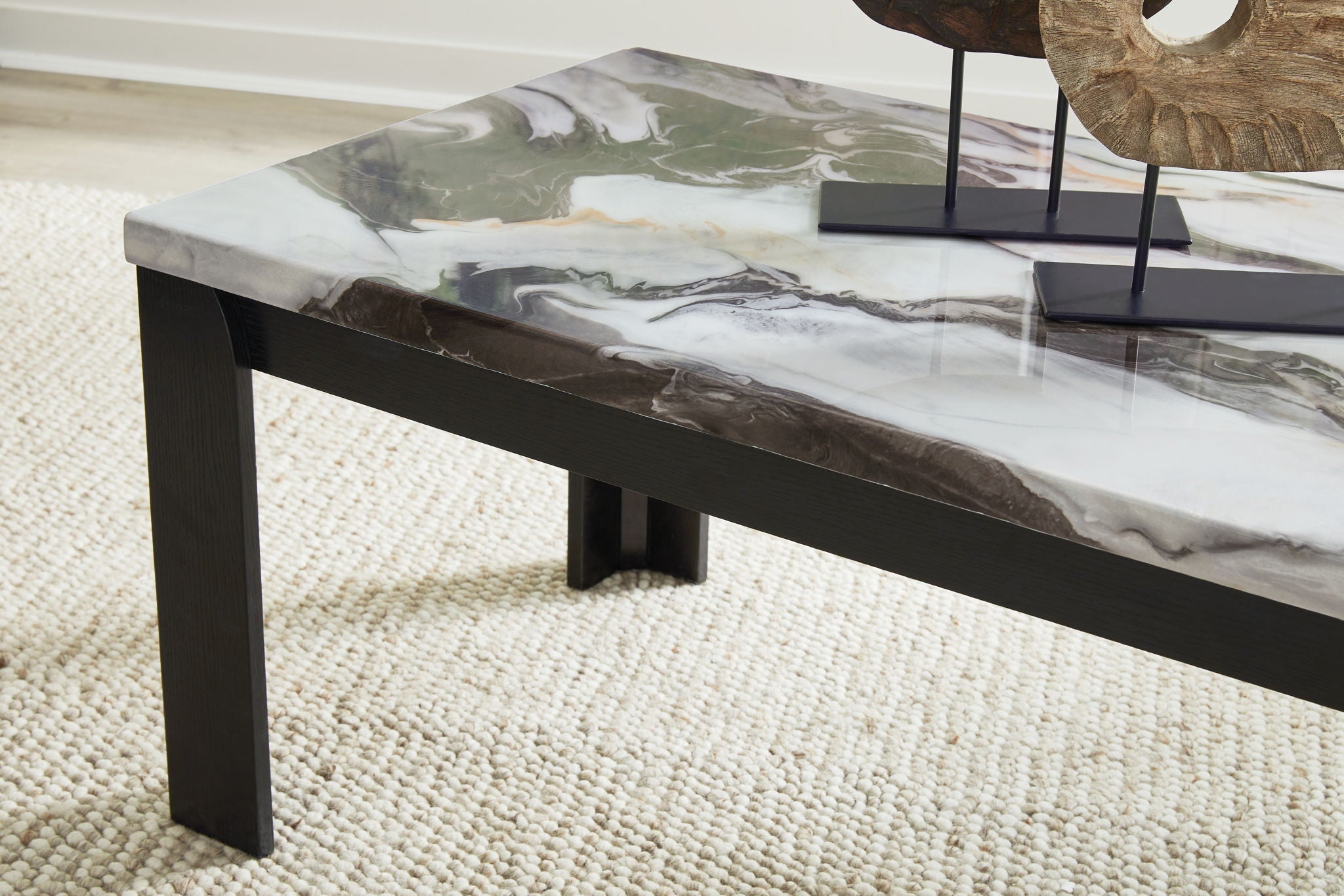 Marble-look tabletop with dark brown legs from an occasional table set