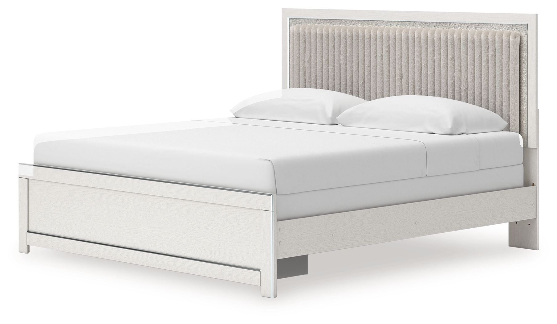 White upholstered panel bed with tall channel-tufted headboard and two white pillows