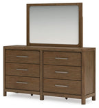Light brown dresser with standing mirror, 6 drawers with horizontal bar handles