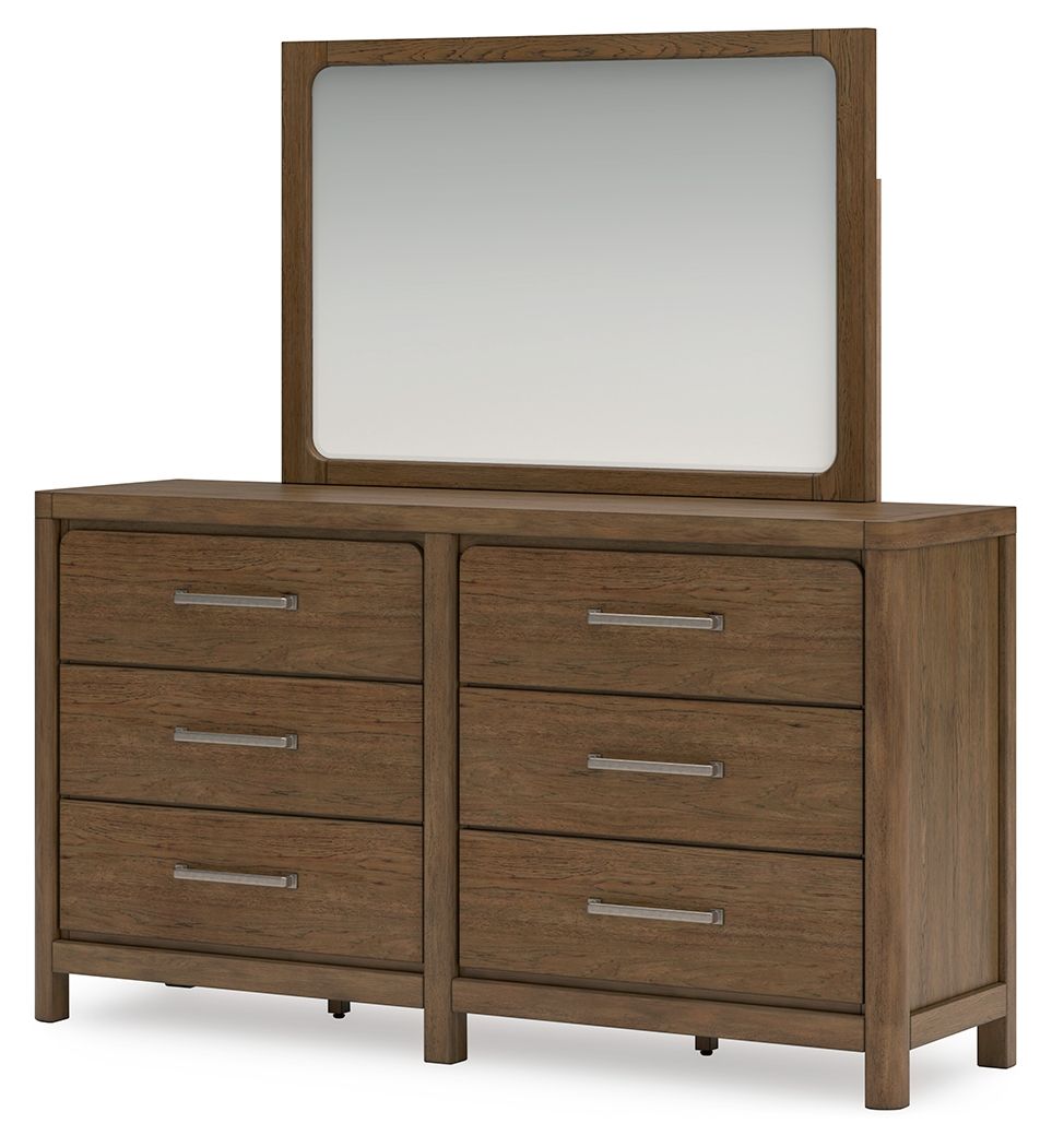 Light brown dresser with standing mirror, 6 drawers with horizontal bar handles
