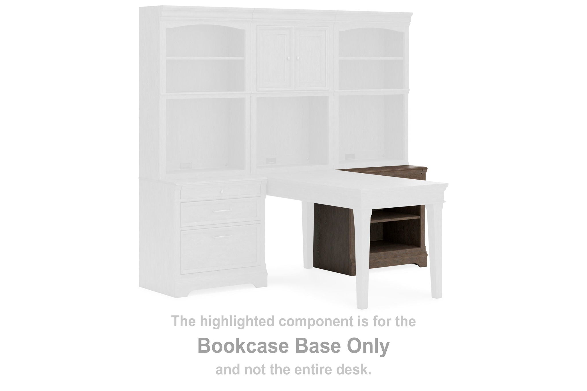 Weathered gray bookcase base with open shelves and cabinet door