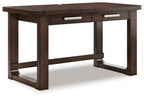 Dark brown home office desk with two drawers and sturdy legs, front view