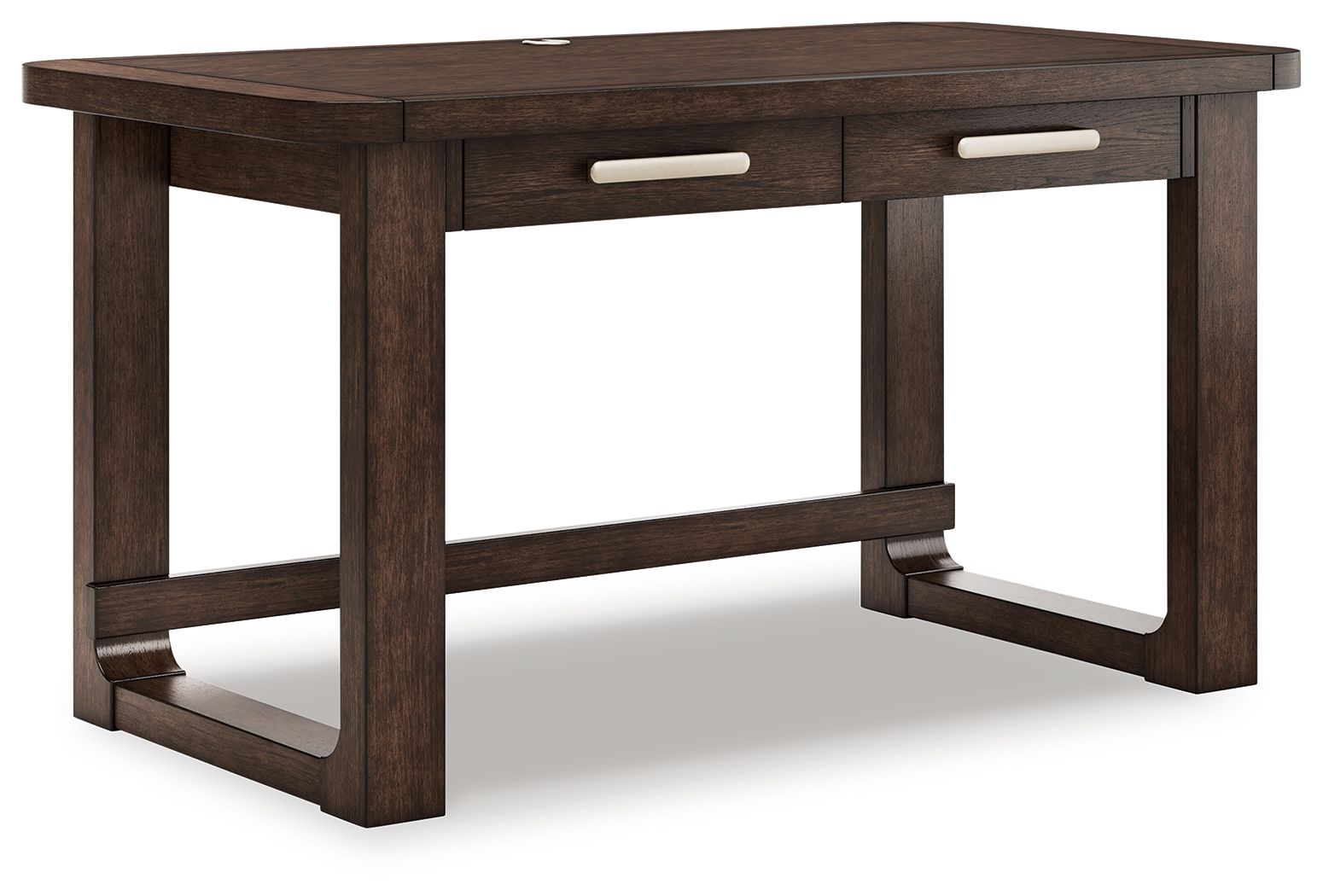 Dark brown home office desk with two drawers and sturdy legs, front view