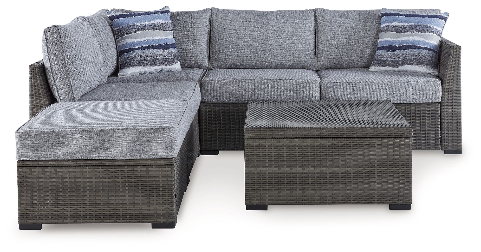 Gray sectional loveseat set with two corner ottomans and rectangular coffee table
