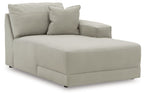 Gray upholstered corner chaise with two back cushions and squared arms