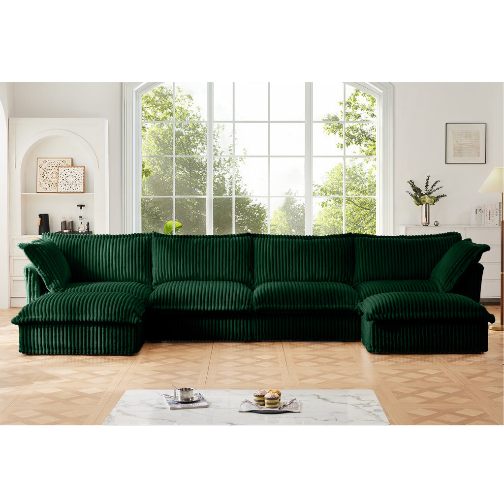 Green corduroy sectional sofa with ottoman chaise and deep seat cushions