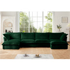 Green corduroy sectional sofa with ottoman chaise and deep seat cushions