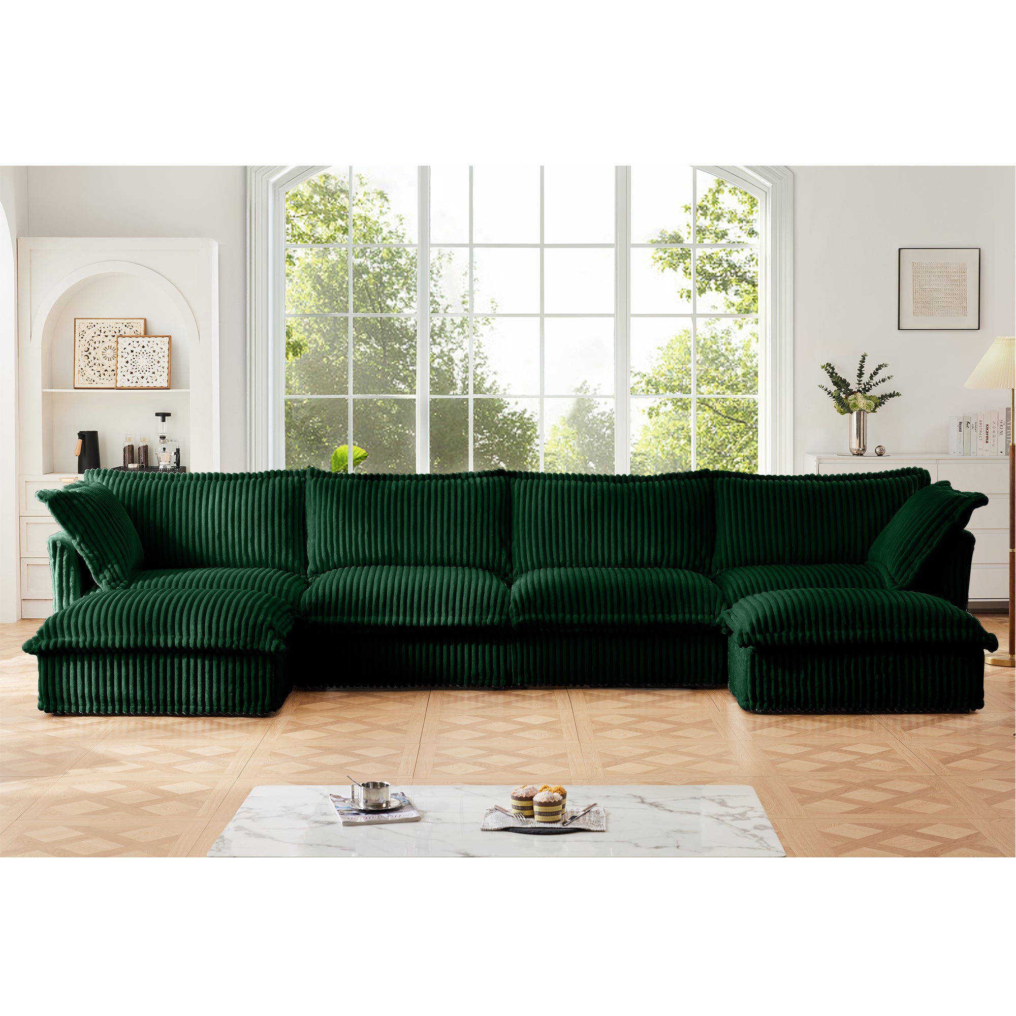 Green corduroy sectional sofa with ottoman chaise and deep seat cushions