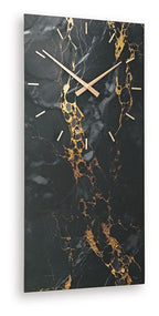 Wall clock with black hands and dark marble face with gold vein details