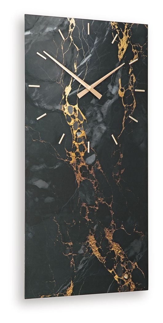 Wall clock with black hands and dark marble face with gold vein details