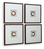 Set of 4 framed wall art prints with dark brown frames and gold abstract C shapes