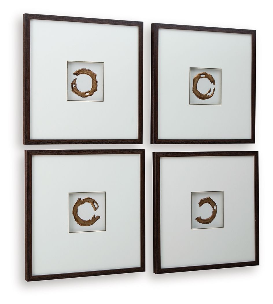 Set of 4 framed wall art prints with dark brown frames and gold abstract C shapes