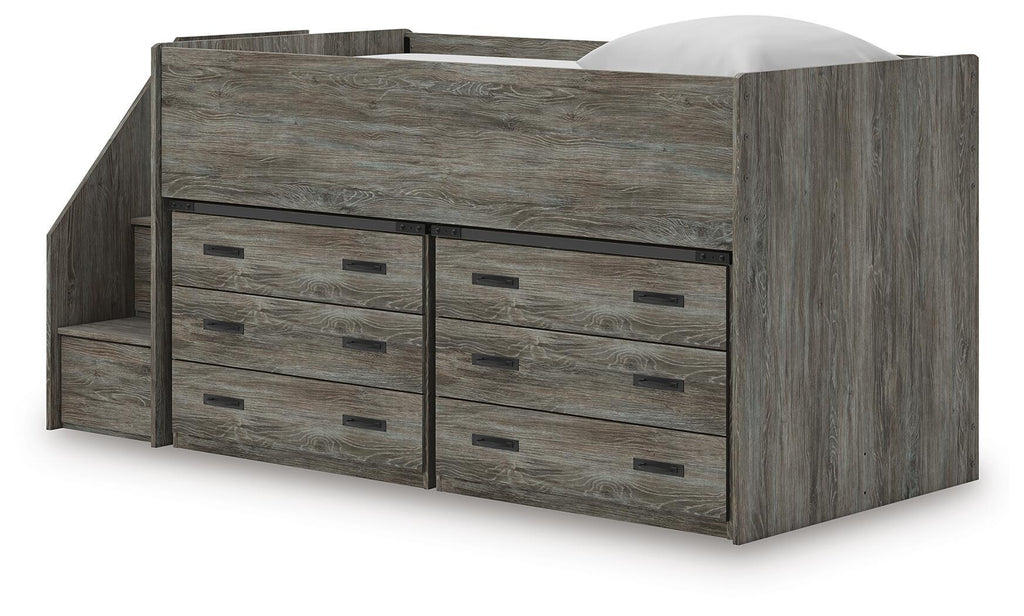 Gray loft bed with side staircase and six drawers storage cabinet