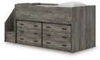 Gray loft bed with side staircase and six drawers storage cabinet