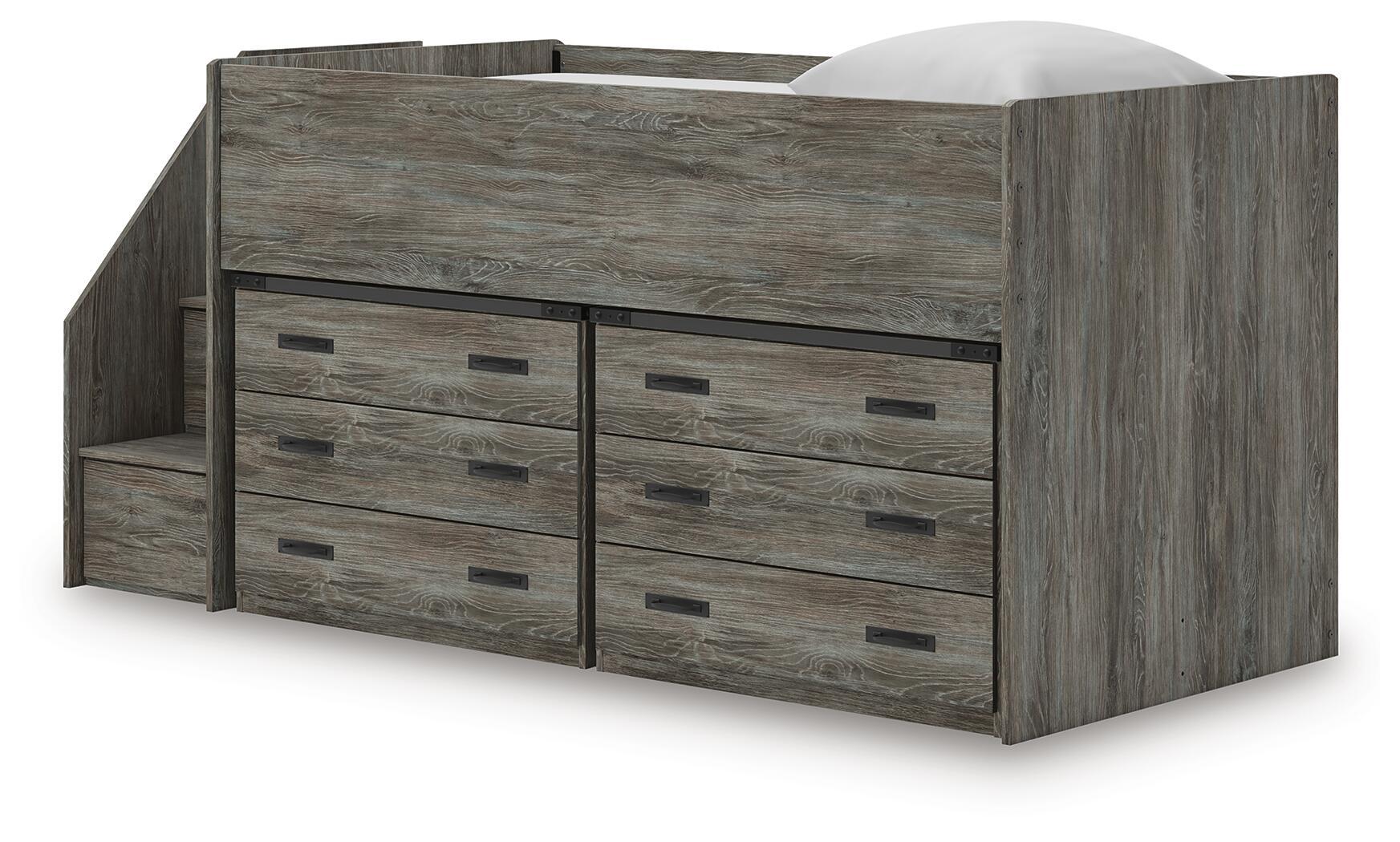 Gray loft bed with side staircase and six drawers storage cabinet