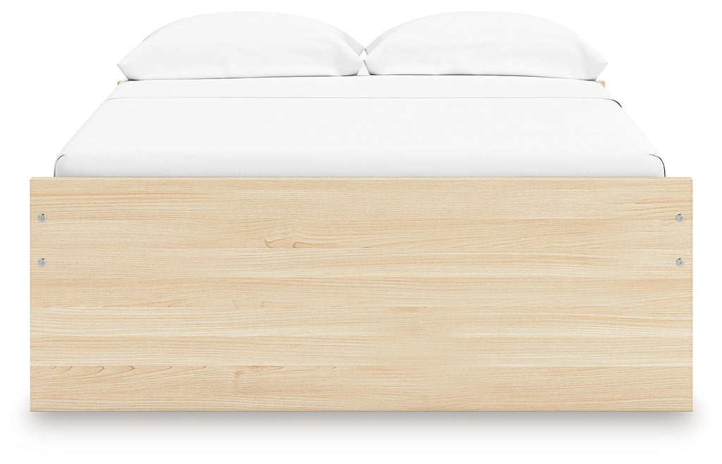Light wood platform bed with slatted base and rounded top headboard
