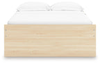 Light wood platform bed with slatted base and rounded top headboard