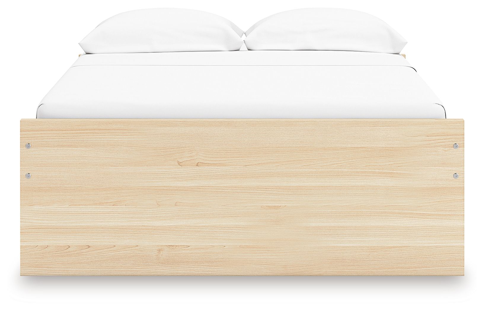 Light wood platform bed with slatted base and rounded top headboard