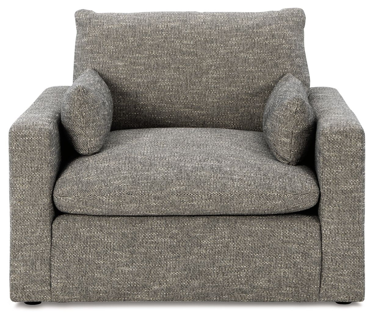 Gray upholstered single chair with two back pillows and padded armrests
