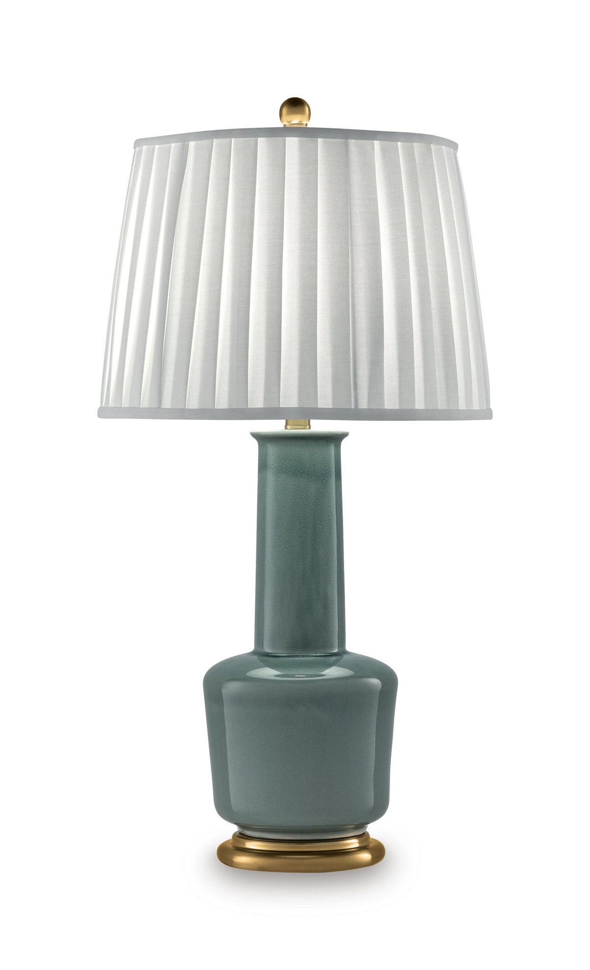 Teal ceramic table lamp with white pleated drum shade and gold base ring