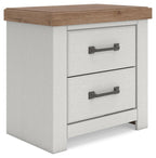 Two-drawer night stand with white cabinet, brown top, and two dark metal pull handles.
