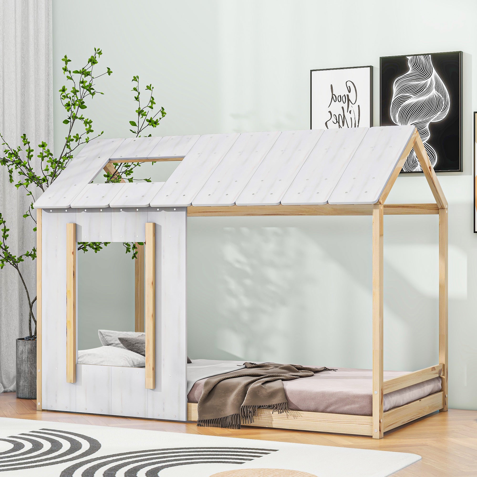 Twin Size House Platform Bed with Roof & Window - White/Natural