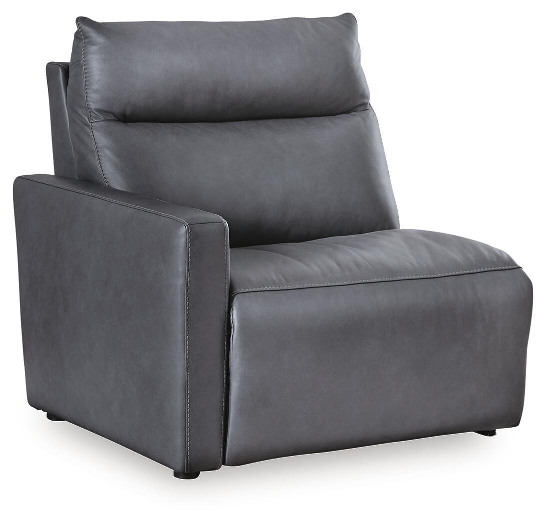 Dark gray upholstered power recliner chair with padded armrests and headrest