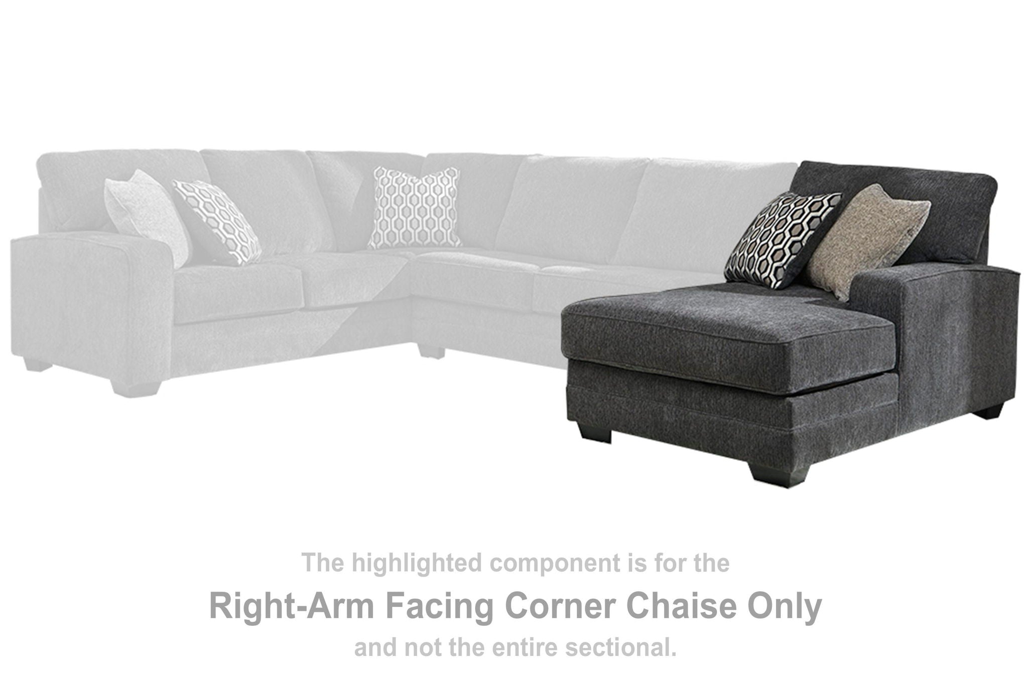 Right-arm facing corner chaise sofa, slate gray chaise with dark seat cushion.