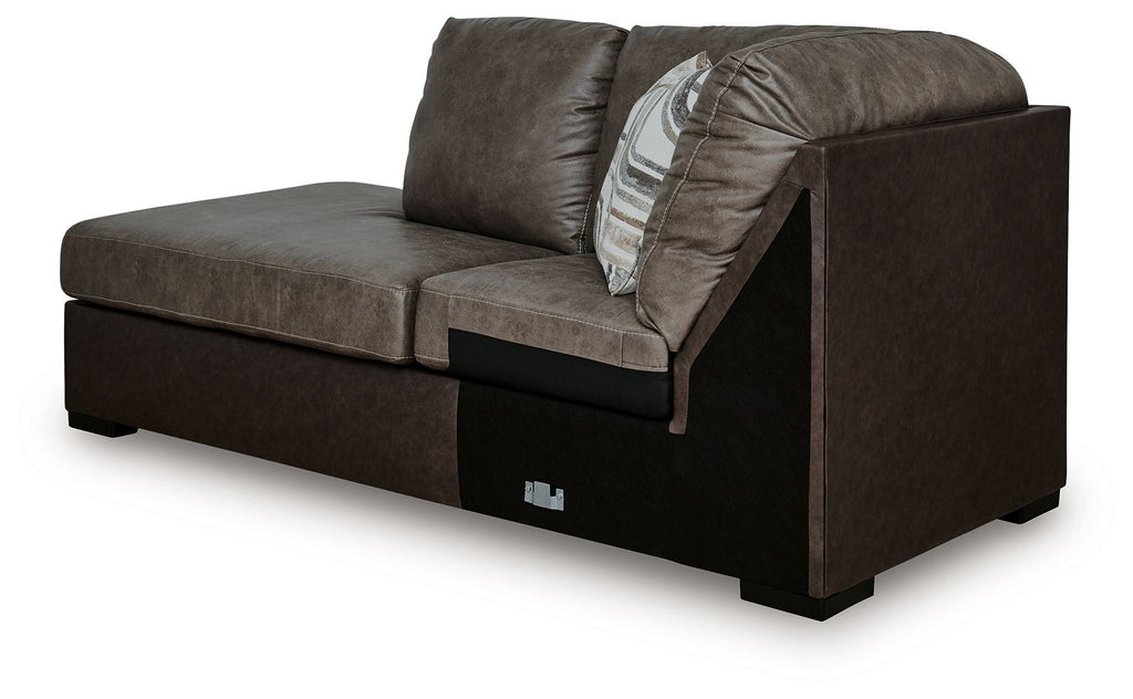 Dark brown corner chaise with square arms and tufted back cushions
