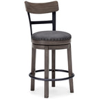 Swivel barstool with gray upholstered seat and back, nailhead trim, dark wood legs