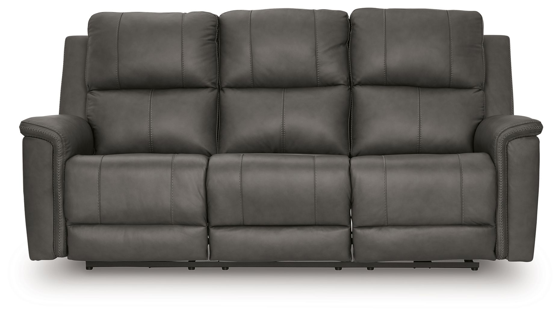 Dark gray power reclining sofa with three padded headrests and cushioned armrests