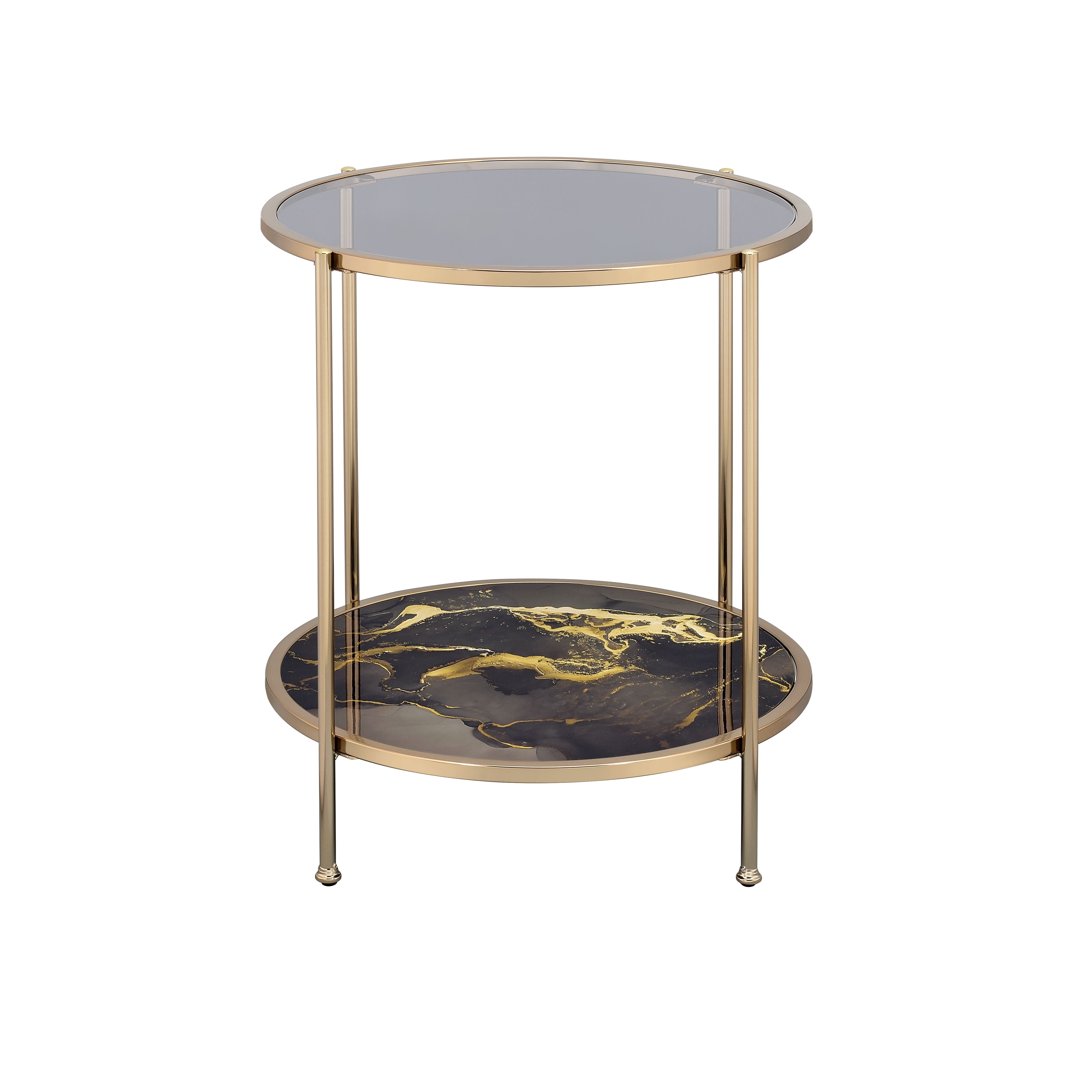 Acme Fiorella End Table, Glass, Black Marble Paint & Gold Finish Lv02223