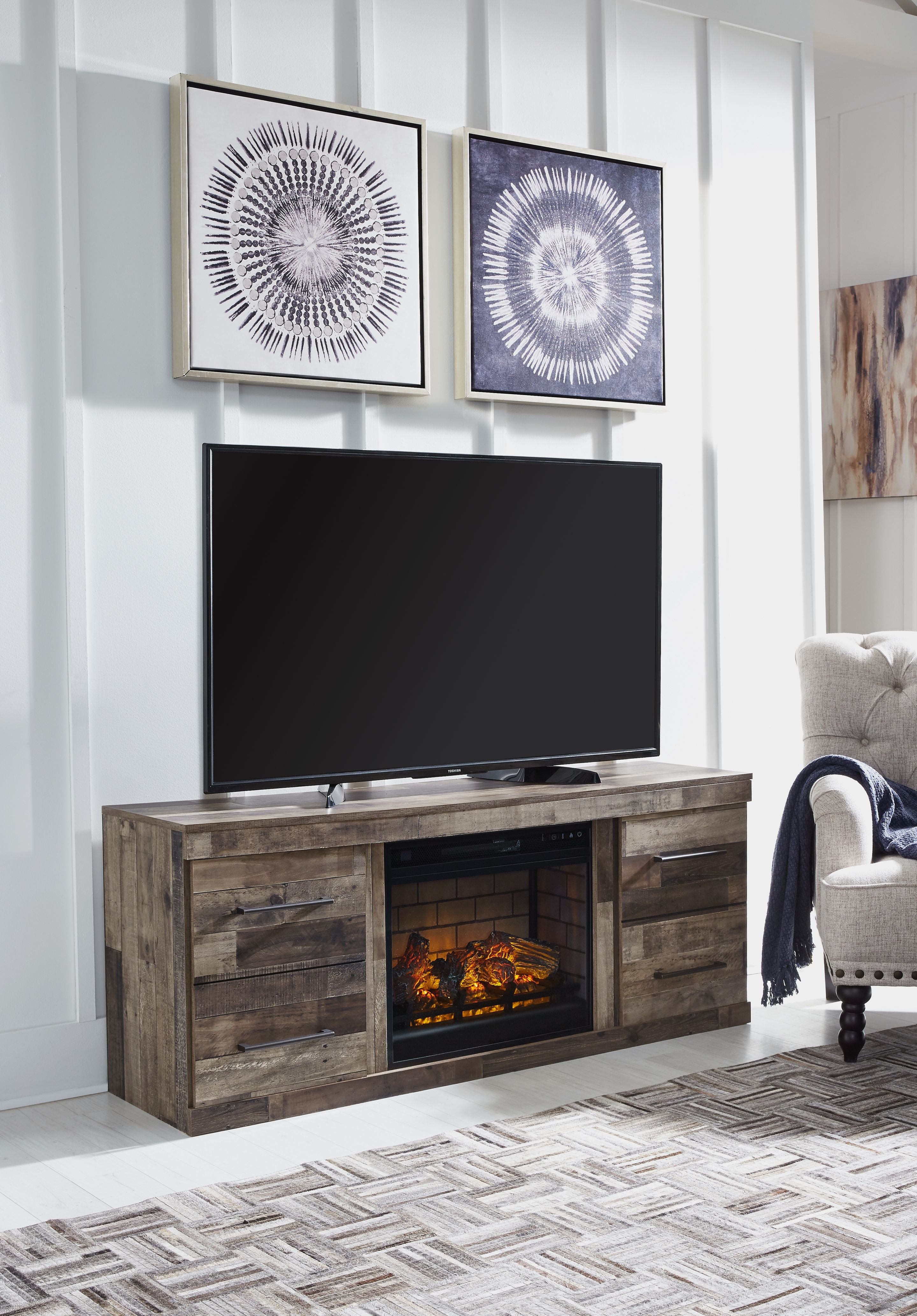 Multi gray TV stand with electric fireplace and mounted flat-screen TV