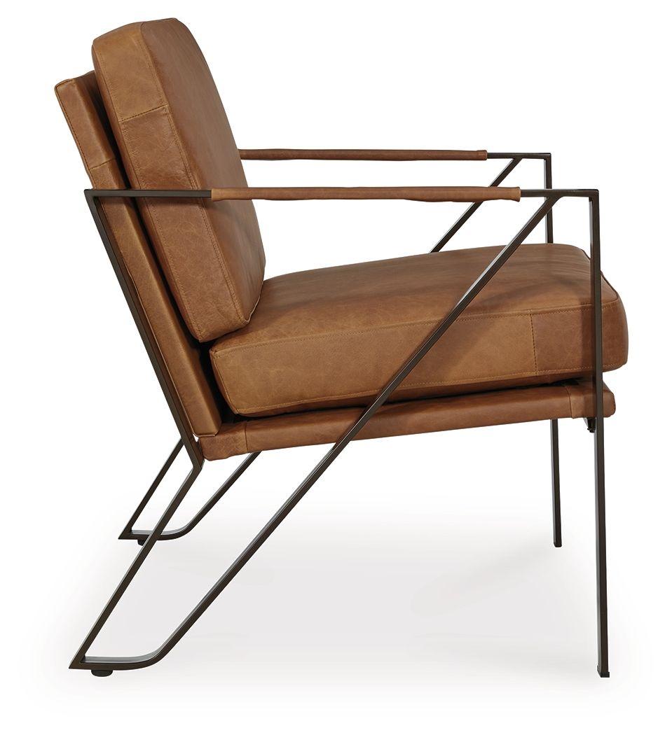 Caramel accent chair with upholstered back and seat, black metal side frame