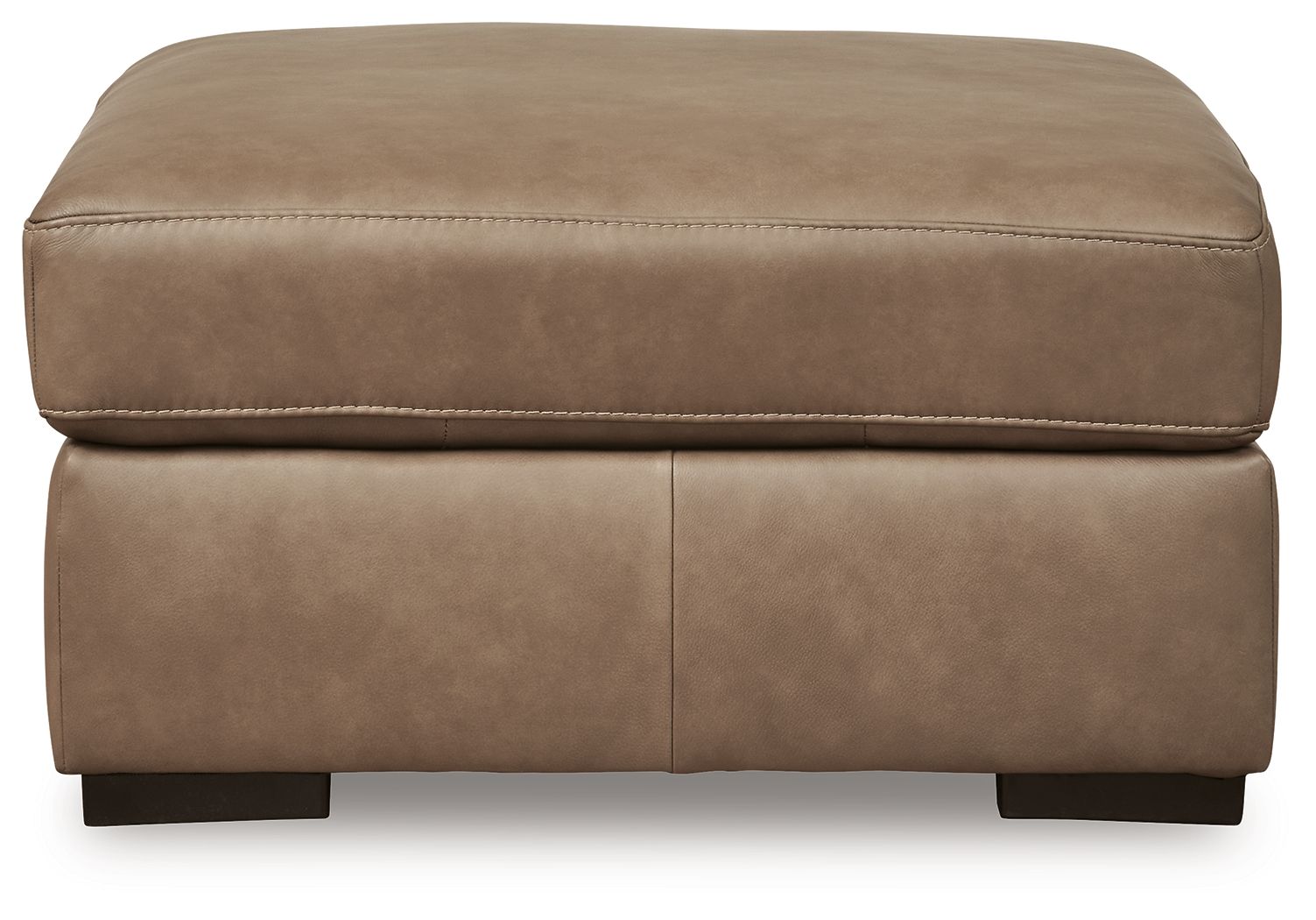 Taupe upholstered ottoman with cushioned top and side seam, black feet