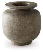 Gray speckled vase with round body and wide circular opening